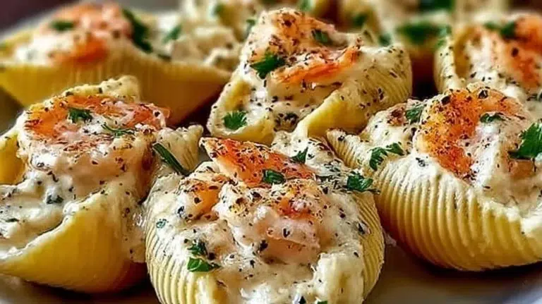 Creamy seafood stuffed shells with shrimp and crab in a cheesy sauce