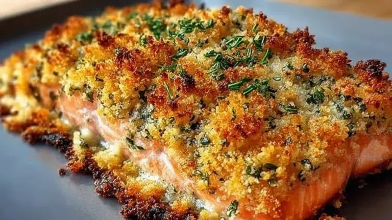 Crispy baked Parmesan Salmon with herbs and spices on a plate