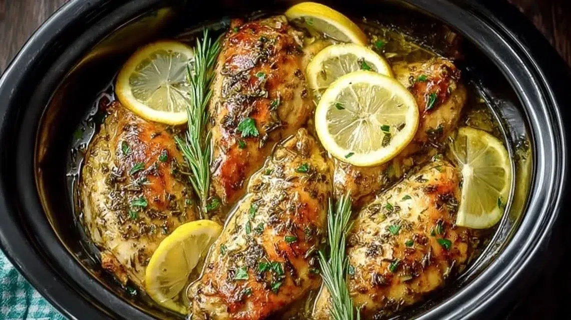 Crockpot lemon garlic chicken cooked to perfection with fresh ingredients.