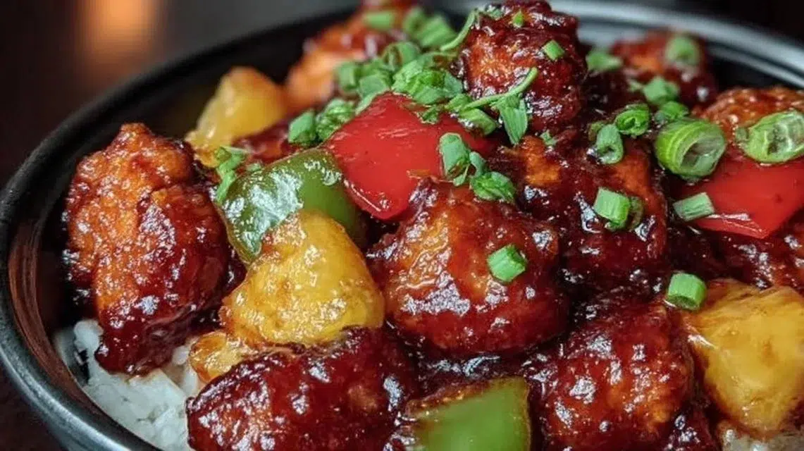 Crockpot Sweet and Sour Chicken served on a plate with vibrant vegetables