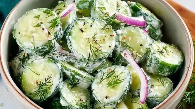 Fresh cucumber dill salad served in a bowl with herbs