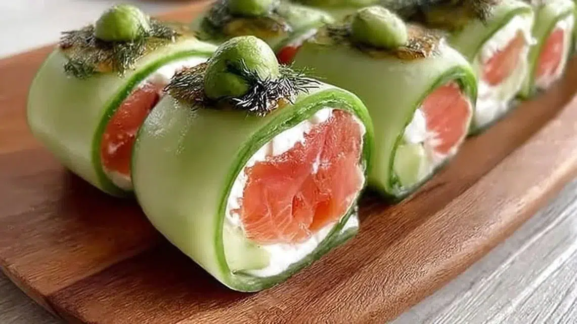 Cucumber Sushi with Avocado and Smoked Salmon on a plate