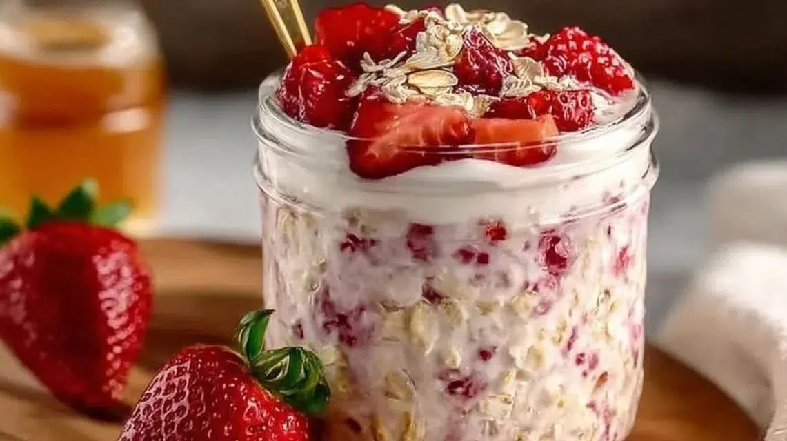 Delicious strawberry Greek yogurt overnight oats topped with fresh strawberries.