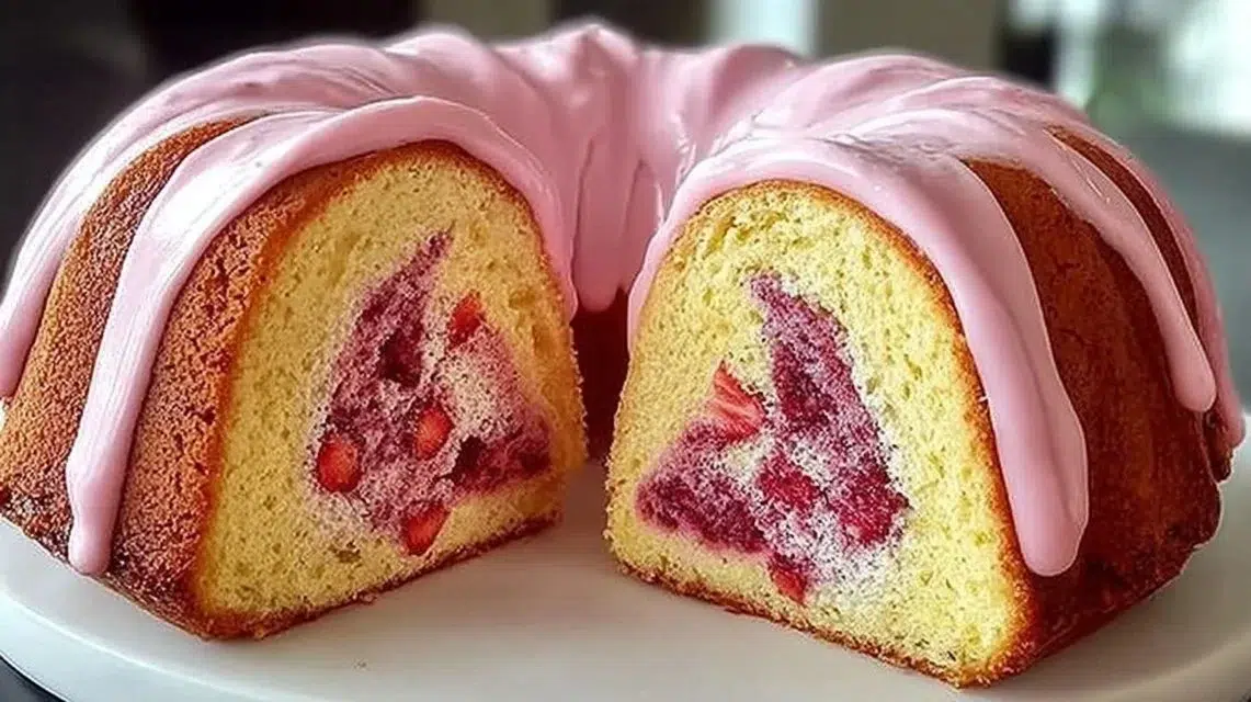 Slice of delicious strawberry milkshake pound cake topped with fresh strawberries