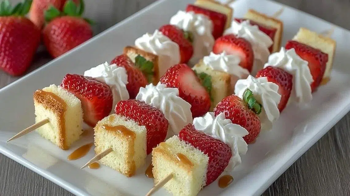 Delicious strawberry shortcake kabobs with fresh strawberries and whipped cream.