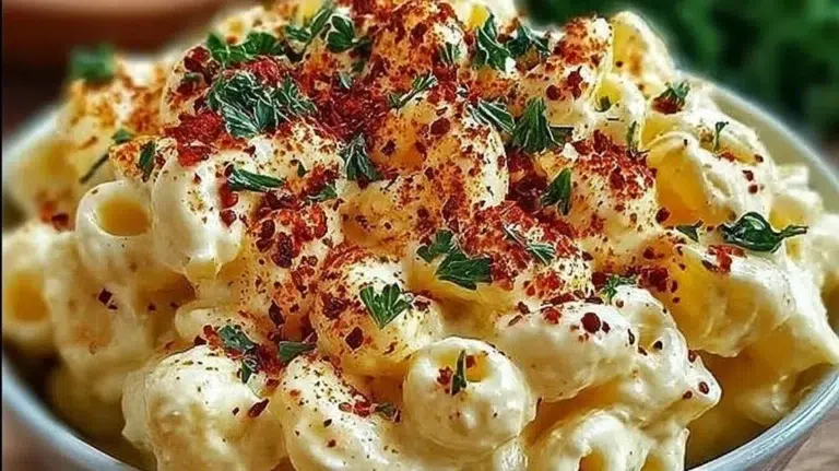 Creamy Deviled Egg Macaroni Salad served in a bowl with garnishes