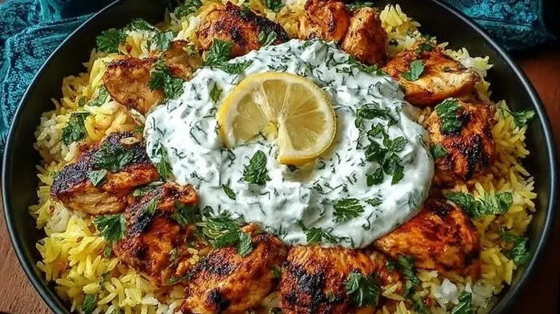 Baked chicken with tzatziki sauce served over rice