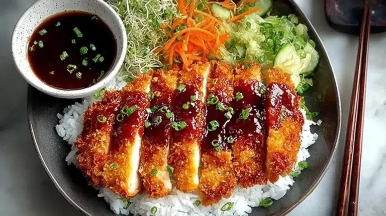 Plate of easy homemade chicken katsu with crispy coating and garnishes