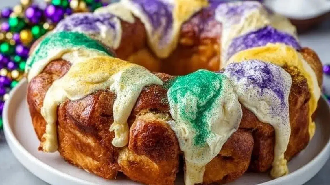 Delicious Easy King Cake decorated with colorful icing and beads for Mardi Gras.