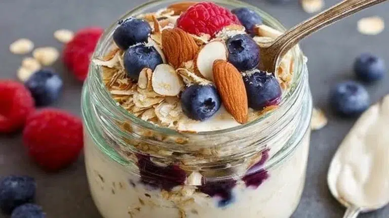 Bowl of easy overnight oats topped with fruits and nuts for a healthy breakfast.