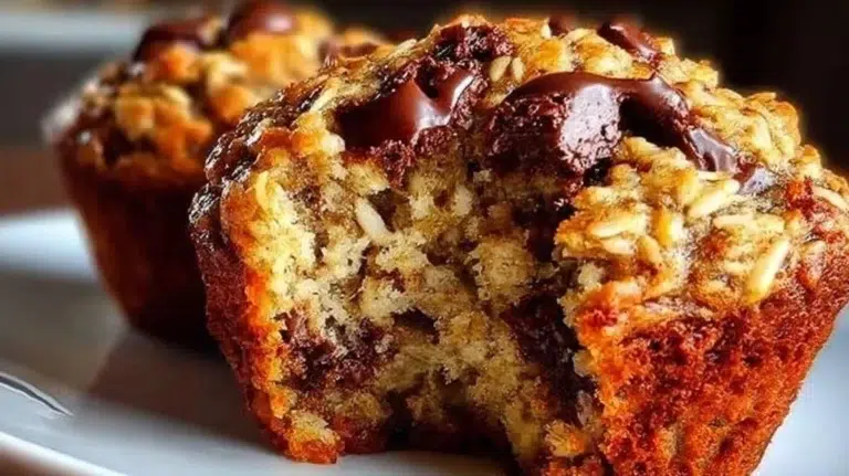 Freshly baked oatmeal chocolate chip muffins on a plate