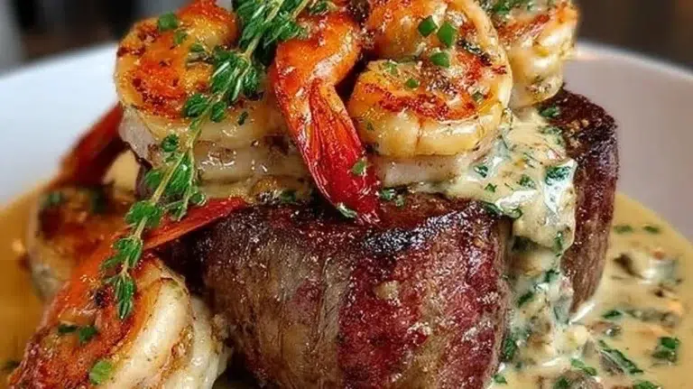 Delicious Filet Mignon with Shrimp and Lobster Cream Sauce ready to be served.