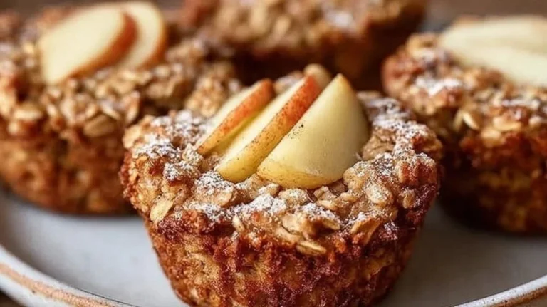 Fluffy baked apple cinnamon oatmeal cups served in a rustic dish