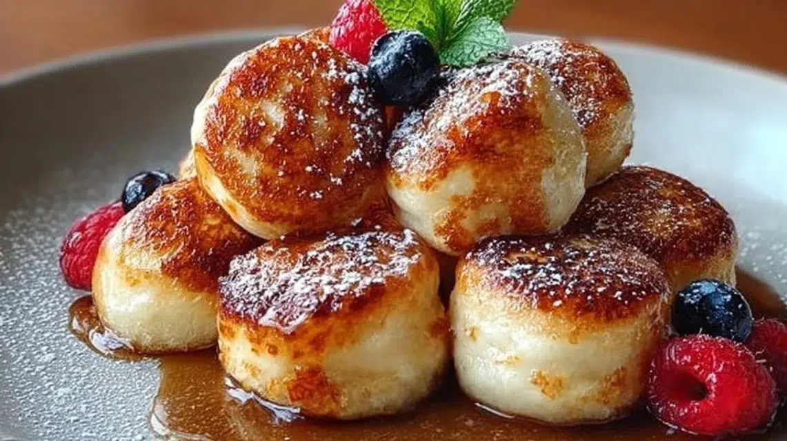 Fluffy pancake balls served with syrup and berries on a plate.