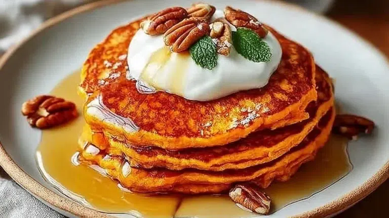 Fluffy sweet potato pancakes stacked on a plate with syrup and berries.