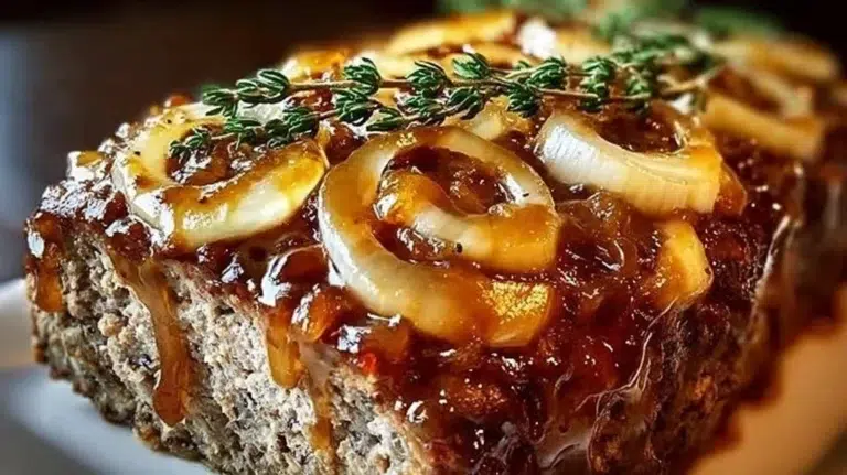 Deliciously baked French Onion Meatloaf topped with melted cheese and caramelized onions.