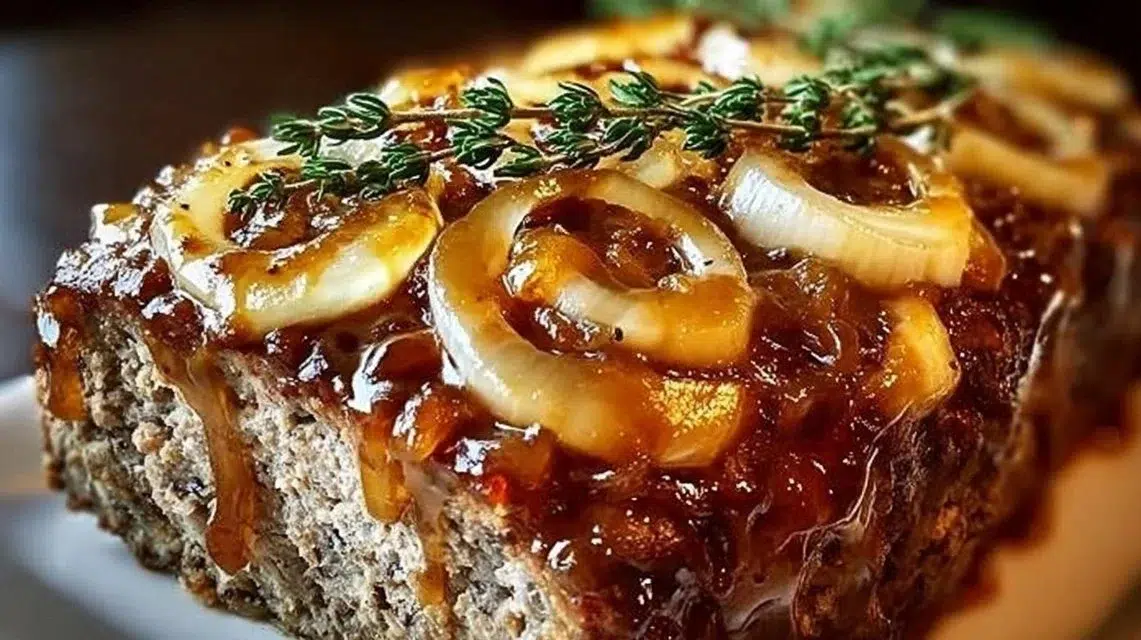 Deliciously baked French Onion Meatloaf topped with melted cheese and caramelized onions.