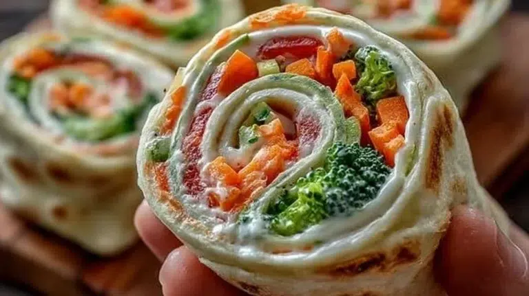 Fresh vegetable tortilla roll ups with colorful veggies and cream cheese filling