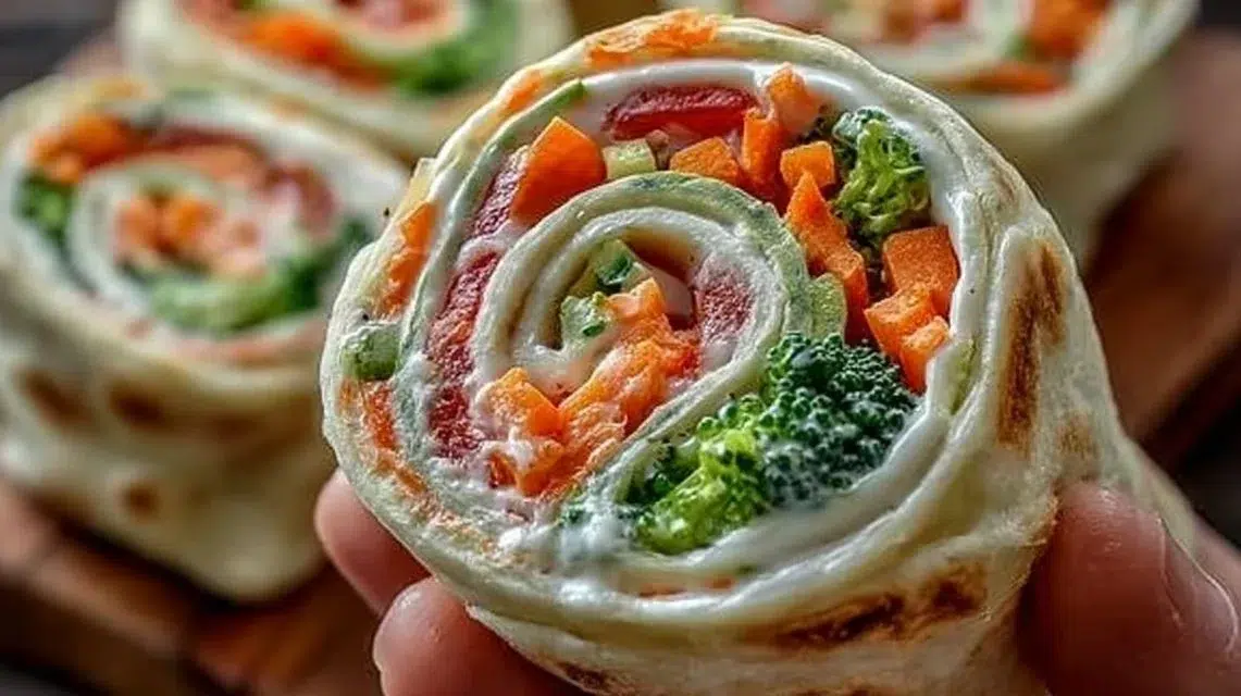 Fresh vegetable tortilla roll ups with colorful veggies and cream cheese filling