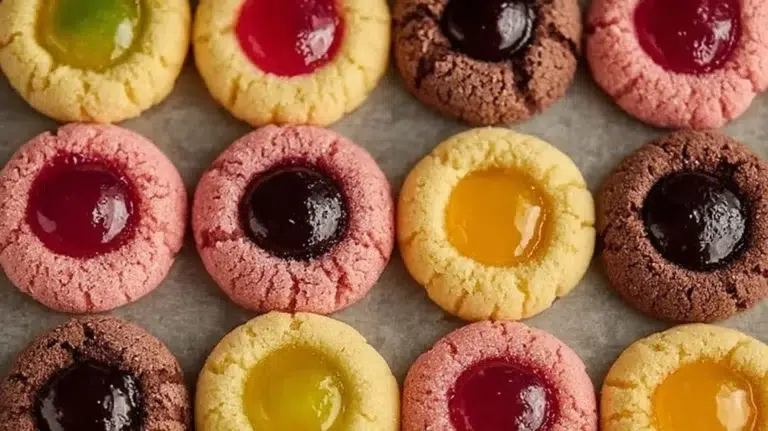 A plate of colorful fruity thumbprint cookies filled with jam