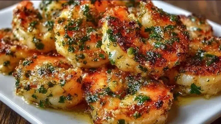 Plate of crispy Garlic Parmesan Roasted Shrimp served with garnishes