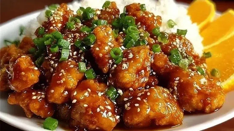 Bowl of gluten-free orange chicken garnished with green onions