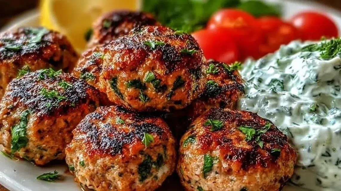 Bowl of Greek turkey meatballs served with tzatziki sauce and fresh herbs.