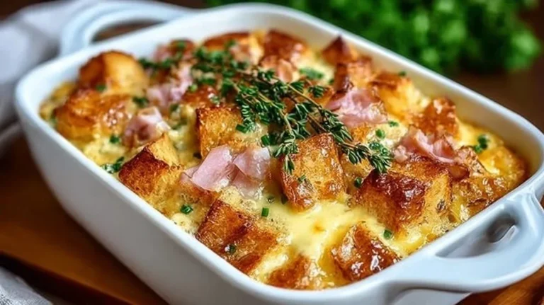 Delicious green bean casserole with crispy topping served in a baking dish.