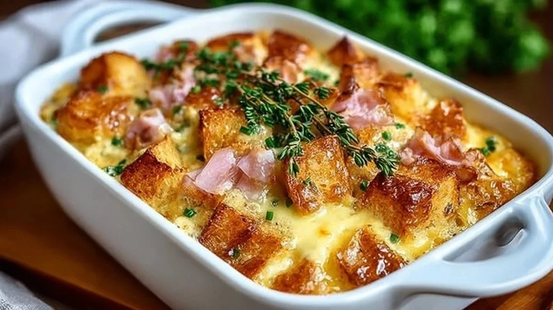 Delicious green bean casserole with crispy topping served in a baking dish.