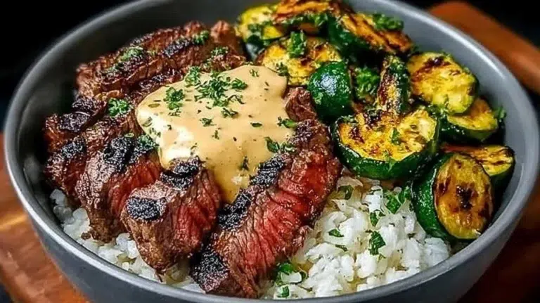 Delicious grilled steak bowl with sauce and grilled zucchini on a plate