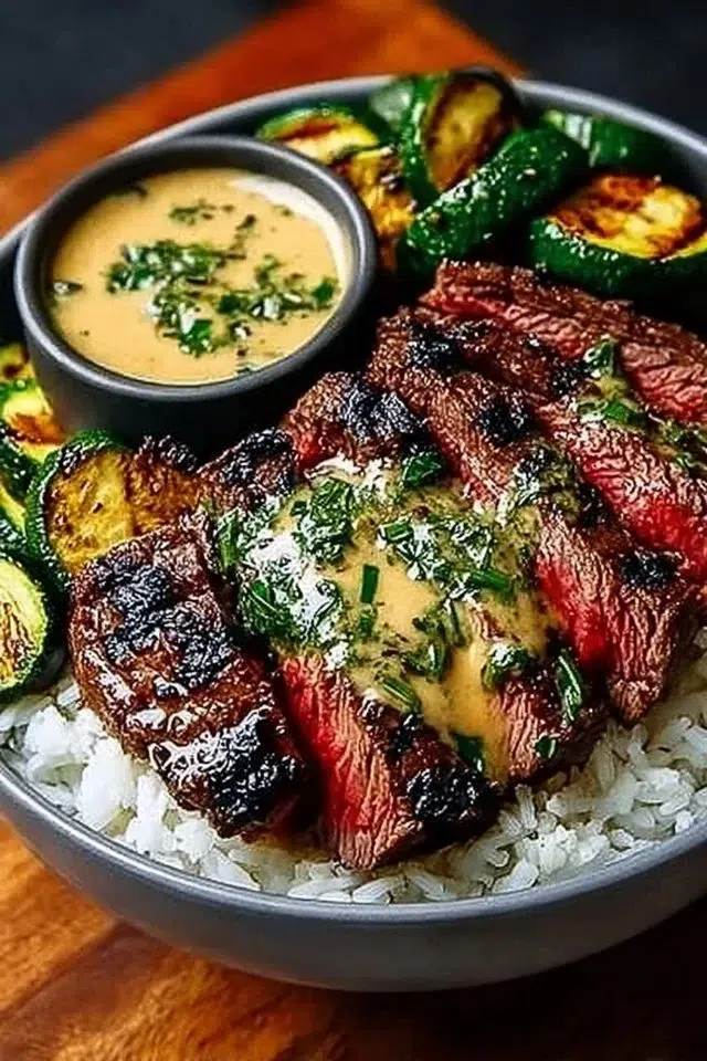 Grilled Steak Bowl with Sauce & Grilled Zucchini Bliss
