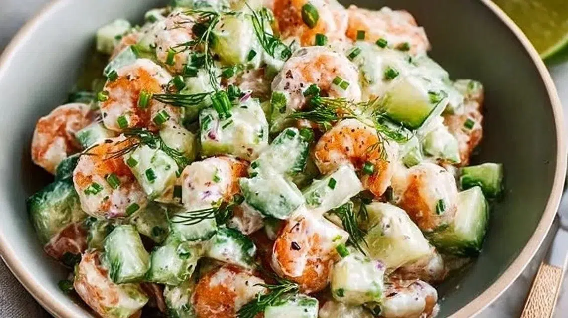 Healthy cucumber shrimp salad with fresh vegetables and a light dressing.