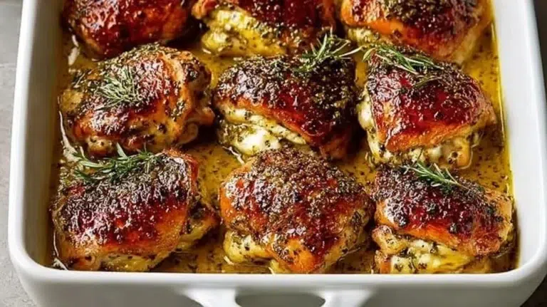 Herbed honey mustard chicken dish garnished with fresh herbs on a plate