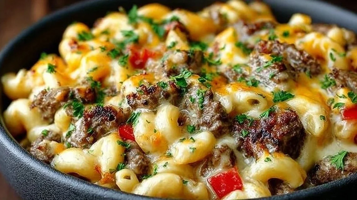 High-Protein Philly Cheesesteak Mac & Cheese served in a bowl