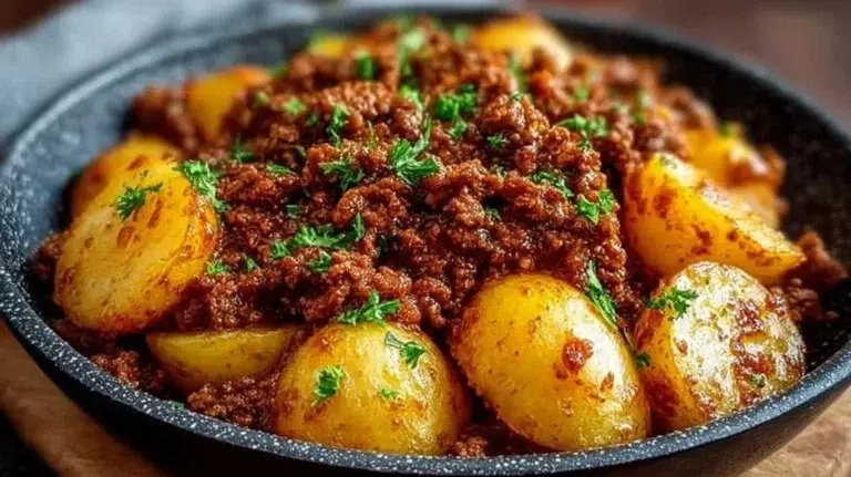 Plate of high protein ground beef and potatoes, a nutritious recipe.
