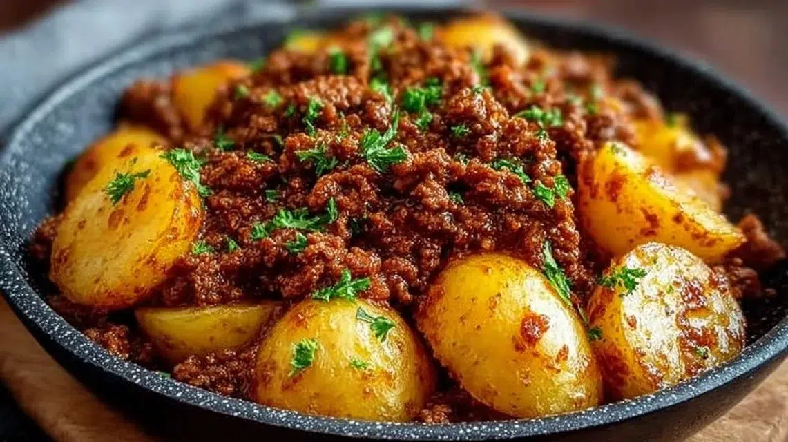 Plate of high protein ground beef and potatoes, a nutritious recipe.