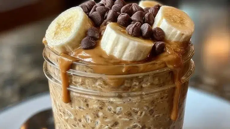 Bowl of high-protein peanut butter overnight oats topped with nuts and fruit