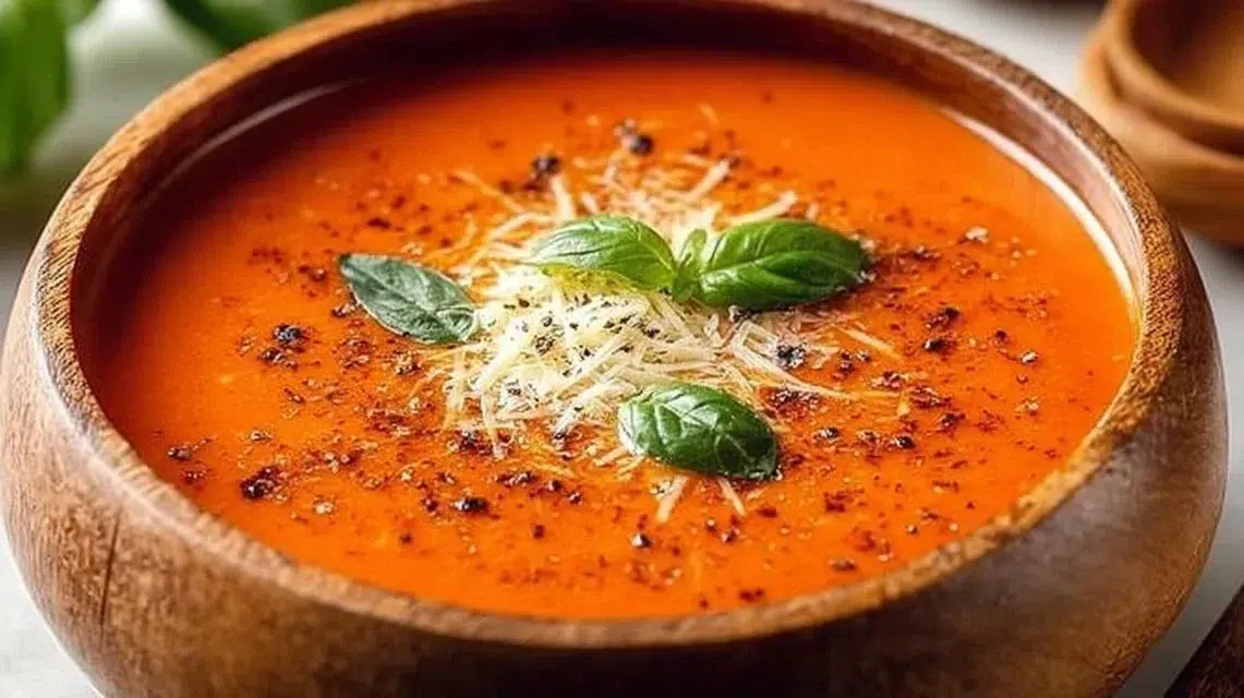 Bowl of high protein tomato soup garnished with herbs