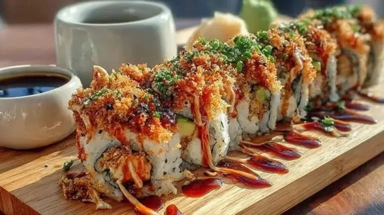 Homemade California Crunch Roll sushi served on a plate with garnish