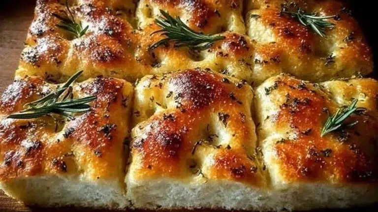 Freshly baked homemade focaccia bread topped with herbs and olive oil
