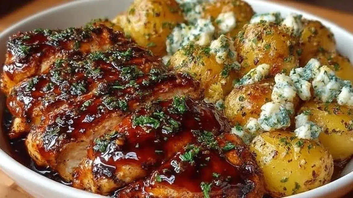 Honey BBQ chicken served with garlic Parmesan potatoes