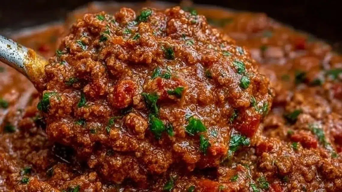 Homemade Bolognese sauce simmering in a pot