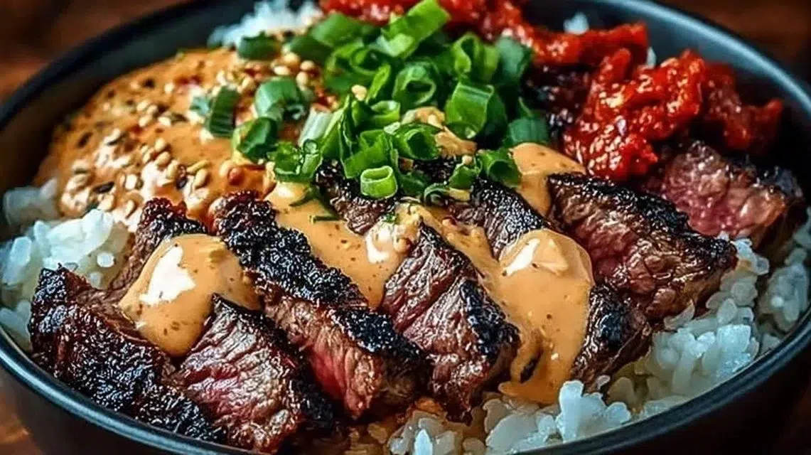 Korean BBQ Steak rice bowl with spicy cream sauce