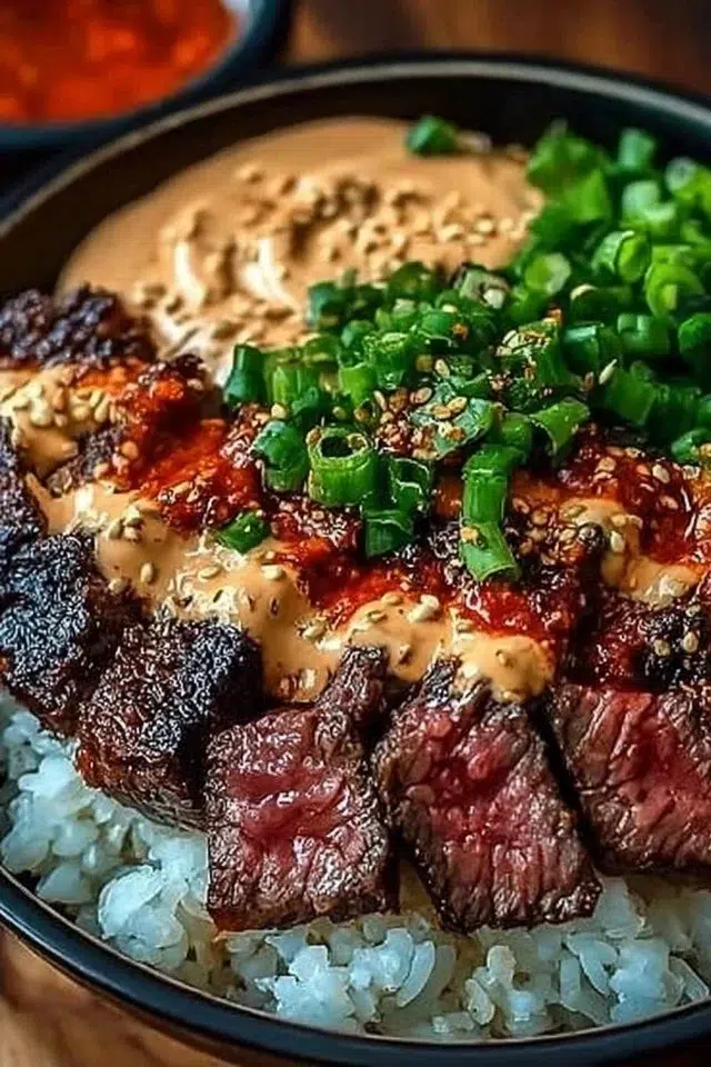 Irresistibly Easy Korean BBQ Steak Rice Bowls with Spicy Cream Sauce