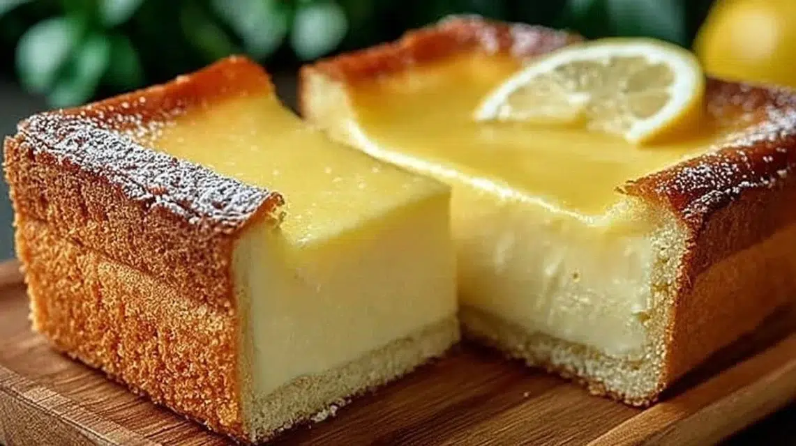 A slice of Italian Grandma's lemon custard cake topped with lemon zest.