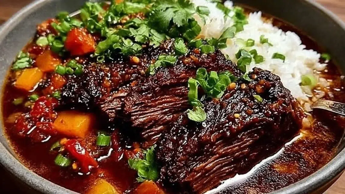 Korean Style Pot Roast garnished with vegetables, served on a rustic table