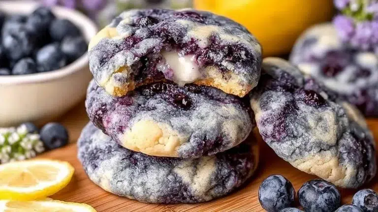 Lemon blueberry cheesecake cookies with a creamy filling and fresh berries.