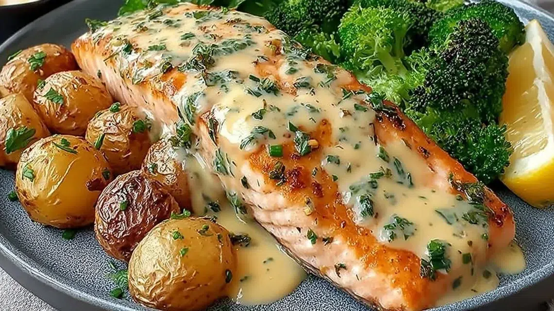Lemon Butter Salmon with crispy potatoes and broccoli on a plate