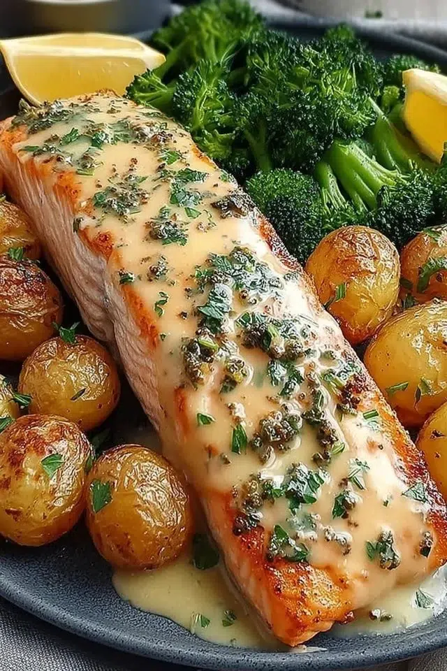 Lemon Butter Salmon with Crispy Potatoes and Broccoli