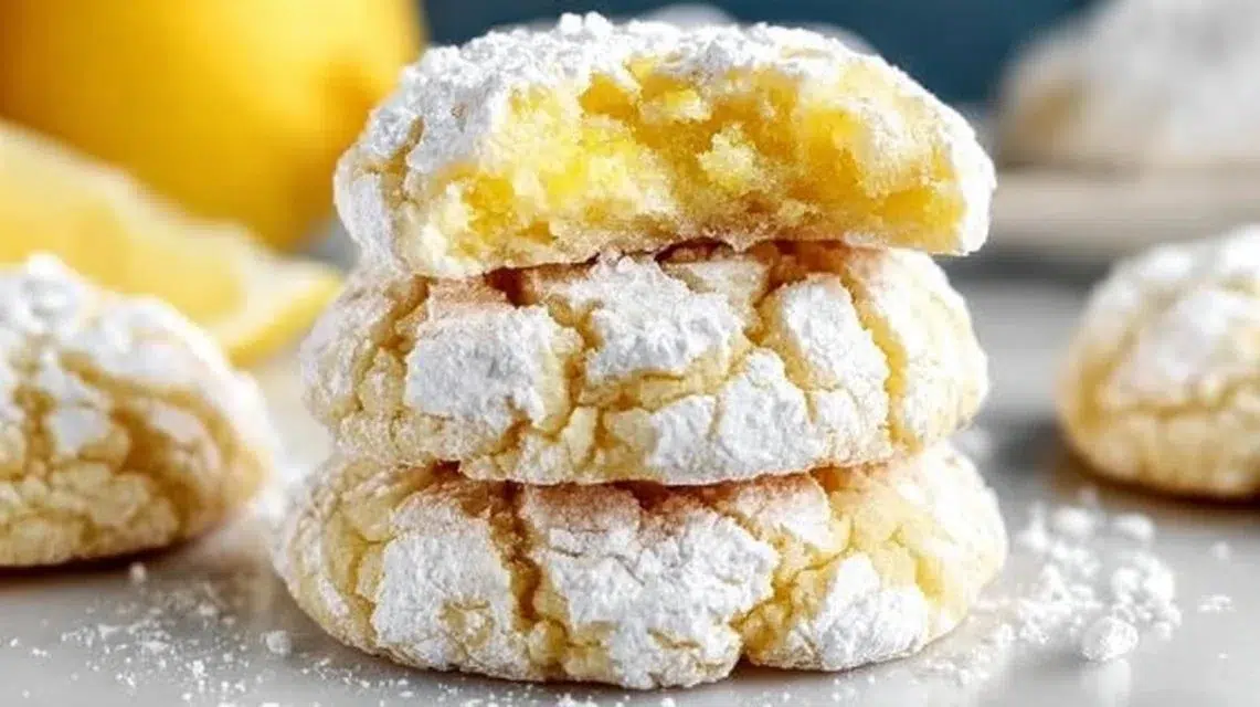 Freshly baked Lemon Crinkle Cookies with powdered sugar topping and bright yellow color.